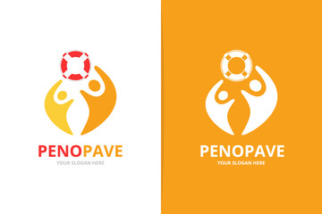 Vector lifebuoy and people logo combination. Unique lifeboat and team logotype design template.