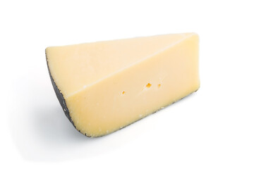Piece of yellow cheese isolated on white background. Side view.