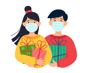 Teens with protective masks on their faces are holding gifts in their hands. Vector illustration.