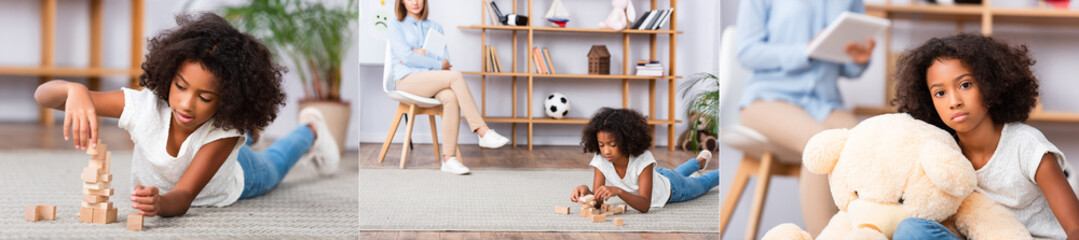 Collage of african american girl looking at camera near teddy bear and playing with wooden blocks on floor on blurred background, banner