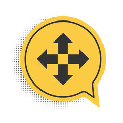 Black Arrows in four directions icon isolated on white background. Yellow speech bubble symbol. Vector.