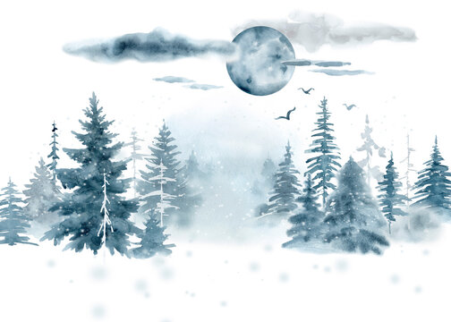 Winter landscape,mistical forest.Watercolor hand painted illustration.