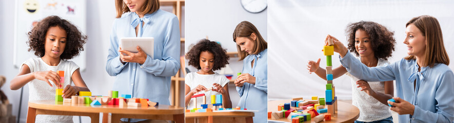 Collage of psychologist with digital tablet looking and helping african american girl building tower with wooden blocks in office, banner