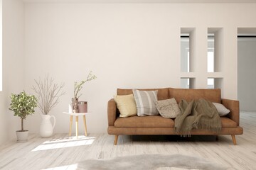 White living room with sofa. Scandinavian interior design. 3D illustration