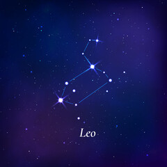 Leo sign. Stars map of zodiac constellation on dark blue background. Vector