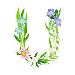 Fototapeta na wymiar Alphabetical Character U Arranged from Fresh Meadow Flora Vector Illustration