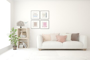 White living room with sofa. Scandinavian interior design. 3D illustration