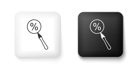 Black and white Magnifying glass with percent discount icon isolated on white background. Discount offers searching. Search for discount sale sign. Square button. Vector.