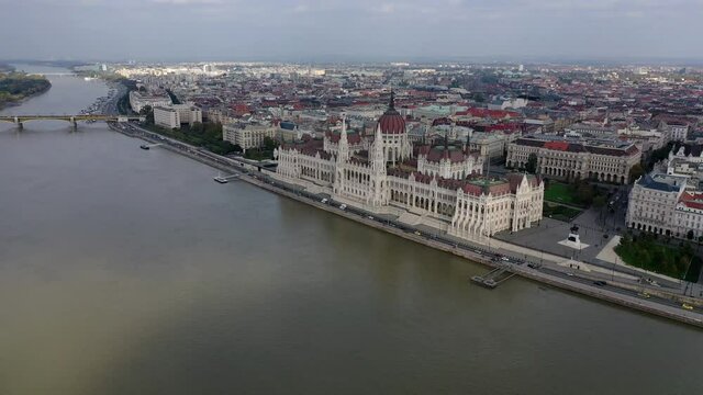 aerial view Parliament building and Budapest capitol city