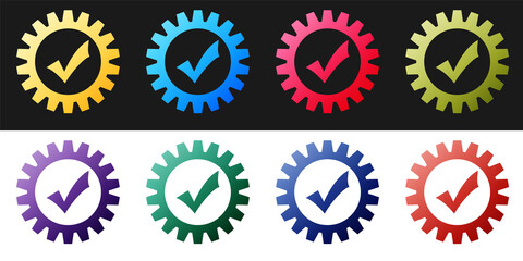 Set Gear with check mark icon isolated on black and white background. Cogwheel simple icon. Approved service sign. Transmission Rotation Mechanism symbol. Vector.