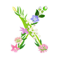 English Alphabet Letter of Flowering Plants and Green Leaves Vector Illustration