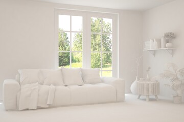 White living room with sofa and summer landscape in window. Scandinavian interior design. 3D illustration