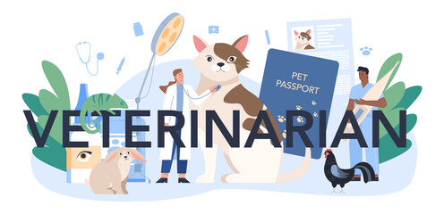 Pet veterinarian typographic header. Veterinary doctor checking and treating