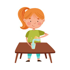Smiling Girl at Desk Playing with Water and Glass Vector Illustration