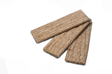 Three extruded rye bread for diet isolated on white background.