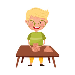 Little Boy in Glasses Standing at Table and Moulding Clay Vector Illustration