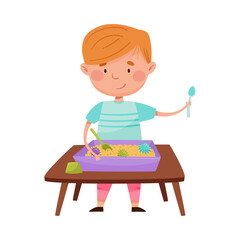 Red Haired Boy at Desk Playing with Sand and Balls Vector Illustration