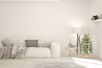 White living room with sofa. Scandinavian interior design. 3D illustration