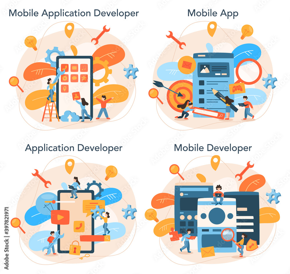 Poster mobile app development concept set. modern technology and smartphone interface