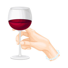 Human Hand with Bracelet Holding Glass of Red Wine Vector Illustration