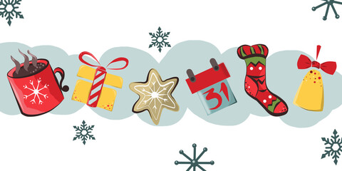 Color new year and Christmas card made of items on a blue background.