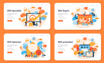 SEO optimizer web banner or landing page set. Idea of search engine optimization