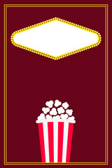 Popcorn. Movie night cinema icon. Pop corn food. Light board. Classic retro symbol. White red strip box. Cute frame banner decoration template. Flat design style. Red background. Isolated.