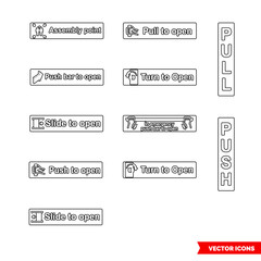 Emergency escape labels icon set of outline types. Isolated vector sign symbols. Icon pack.
