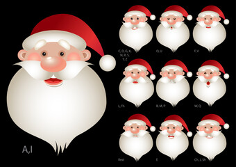 Christmas vector lip sync set with cartoon Santa Claus isolated on black background