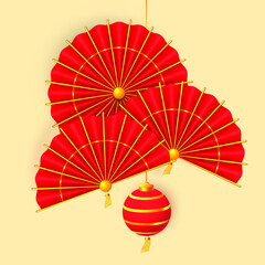 Hanging paper lantern, paper fans and traditional red umbrella. Oriental Holiday Lunar New Year. Vector EPS10