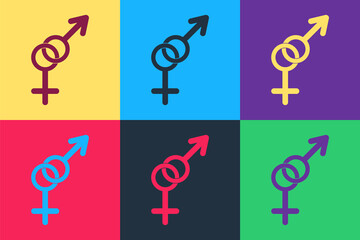 Pop art Gender icon isolated on color background. Symbols of men and women. Sex symbol. Vector.