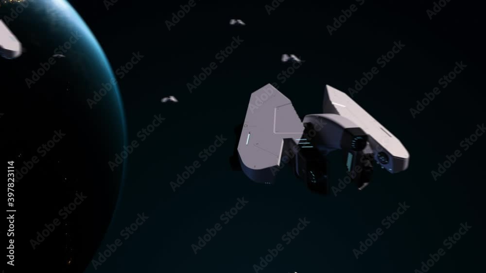 Wall mural many spaceships are approaching from space towards planet earth