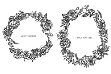 Floral Wreath of black and white roses, anemone, eucalyptus, lavender, peony, viburnum