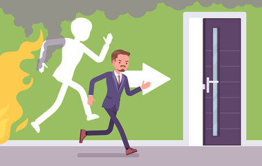 Fire emergency evacuation for man during alarm. Alert building occupant leaving office in a life-threatening situation, potential hazard in a workplace. Vector flat style cartoon illustration