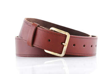 Brown leather belt on a white background with front reflection