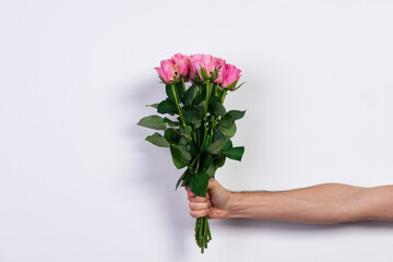 Male hand holding a bouquet of pink roses on white background.