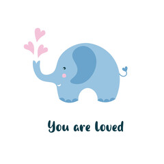 Kids cartoon illustration of a cute baby elephant. Baby shower. Valentine's day. Baby valentine. You are loved.