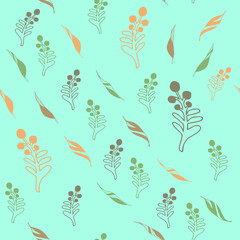 Image of leaves and berries on a blue background.Seamless pattern.