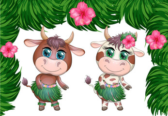 Naklejka premium A pair of cute cartoon bull and cow with beautiful eyes is the character of a Hawaiian hula dancer among leaves