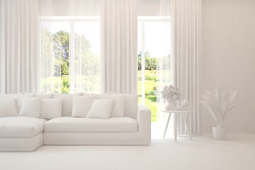 White living room with sofa and summer landscape in window. Scandinavian interior design. 3D illustration