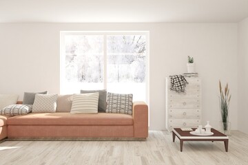 White living room with sofa and winter landscape in window. Scandinavian interior design. 3D illustration