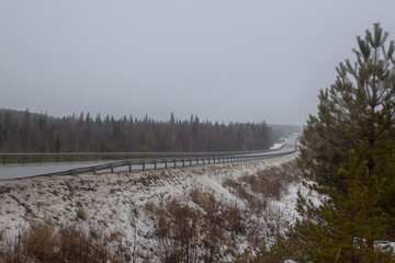 Foggy track in the taiga. Autumn cold foggy day in Siberia. The route ran through the taiga, you can see a bridge across the river.