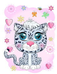Cartoon snow leopard with expressive eyes. Wild animals, character, childish cute style.