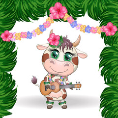 Cute cartoon bull, cow with beautiful eyes, Hawaiian hula dancer character with ukulele guitar among leaves, flowers. Chinese new year cute bull mascot