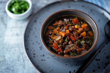 Green Lentil carrots red pepper vegan soup in a bowl