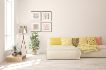 White living room with sofa. Scandinavian interior design. 3D illustration
