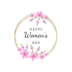 March 8 is international happy women's day. Greeting card with modern wreath and cute pink flowers. Vector illustration on white background