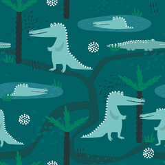 Crocodiles, palm trees, hand drawn backdrop. Colorful seamless pattern with animals. Decorative cute wallpaper, good for printing. Overlapping background vector. Design illustration, reptiles