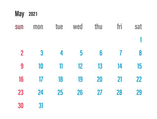 Tradicional calendar. Calendar 2021 template. Calendar starts sunday. Vector illustration.