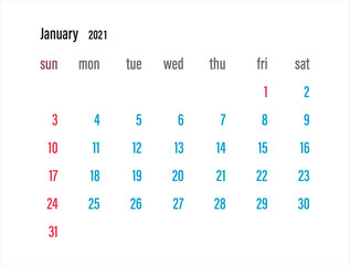 Tradicional calendar. Calendar 2021 template. Calendar starts sunday. Vector illustration.